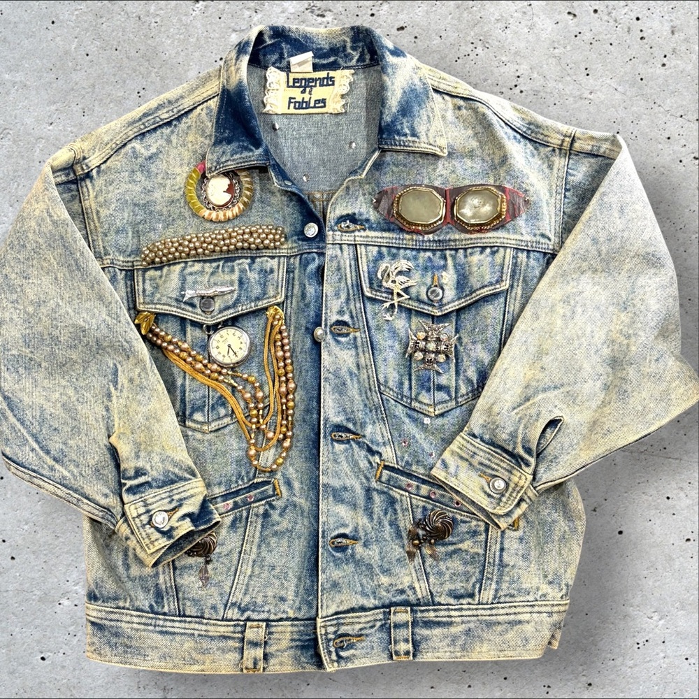 Legends & Fables Upcycled Steampunk Denim Jacket w/‎ Vintage Watch Size L